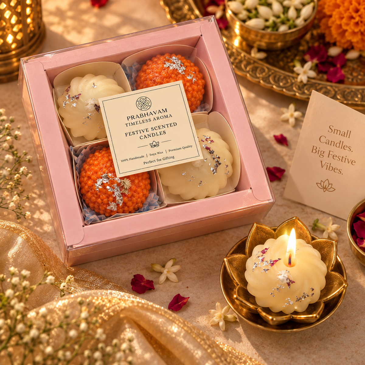 Festive Scented Candles | Pack of 4 | Sweet Shaped Candles | 2 Laddoo Candles | 2 Modak Candles hover