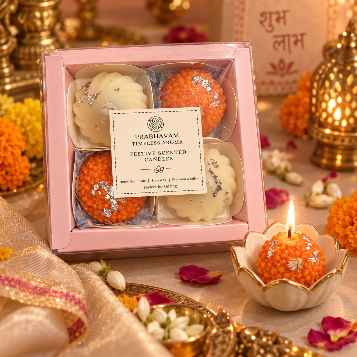 Festive Scented Candles | Pack of 4 | Sweet Shaped Candles | 2 Laddoo Candles | 2 Modak Candles